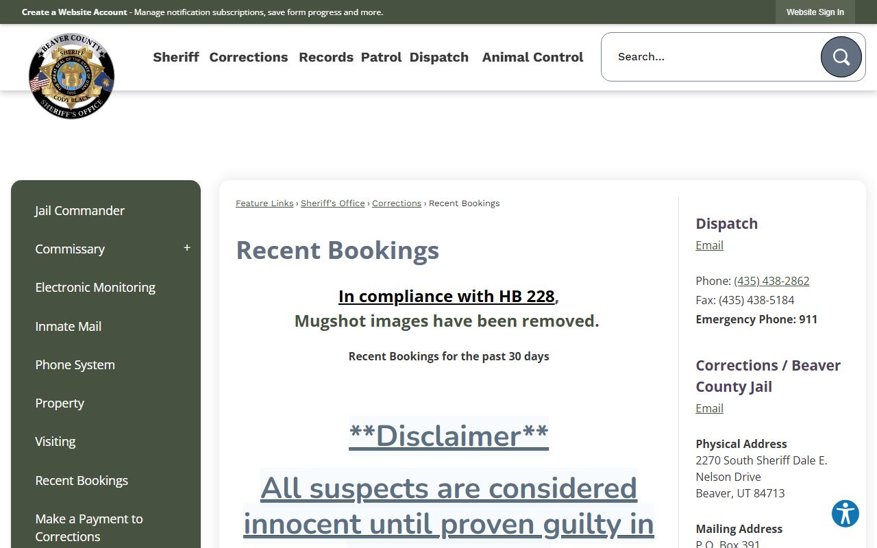 Beaver County Jail Mugshots recent bookings screenshot