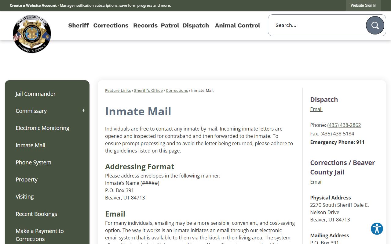 Beaver County Jail Mugshots inmate mail screenshot
