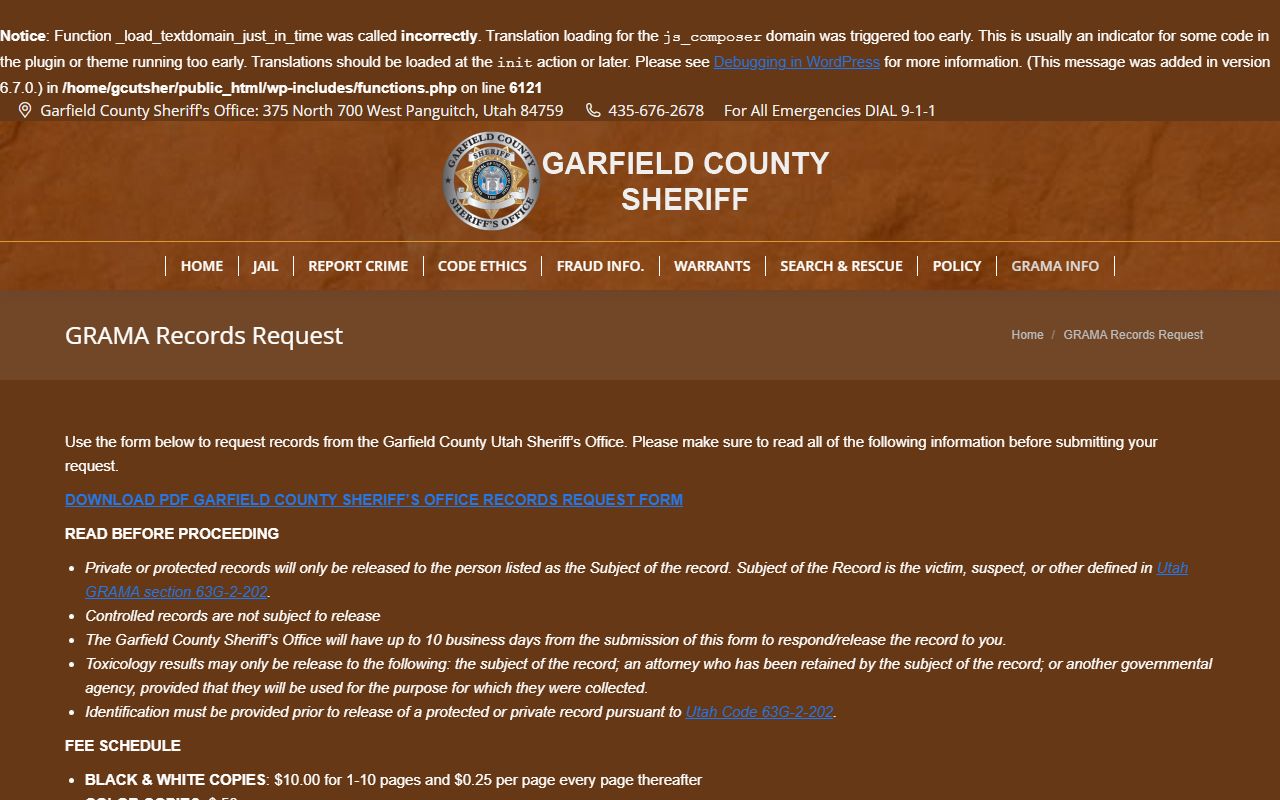 Garfield County Jail Mugshots GRAMA request screenshot