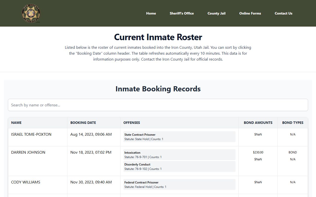 Iron County Jail Mugshots inmate bookings screenshot