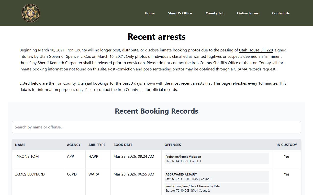 Iron County Jail Mugshots recent bookings screenshot