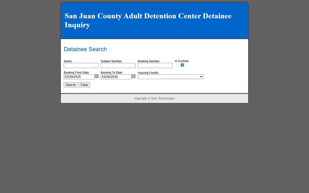 San Juan County Jail Mugshots detainee inquiry screenshot