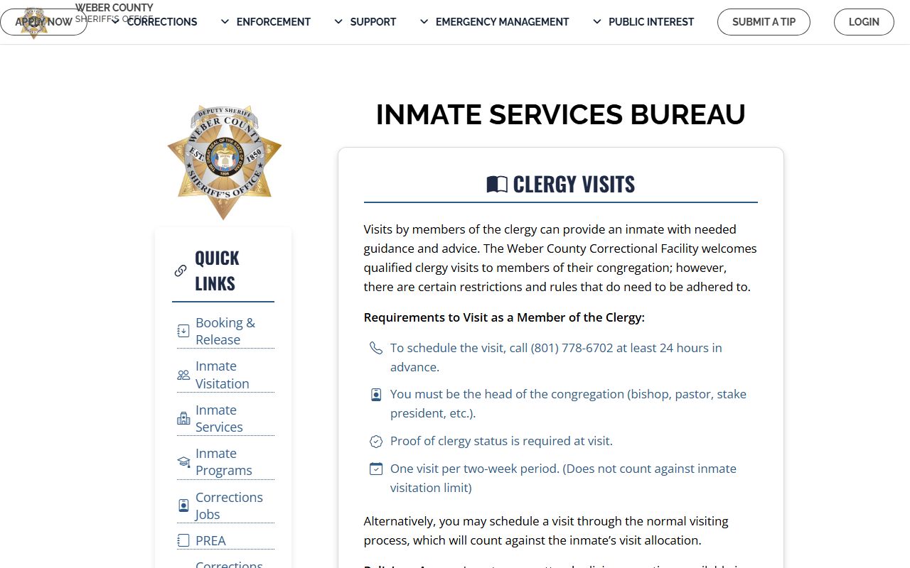 Weber County Jail Mugshots inmate services screenshot